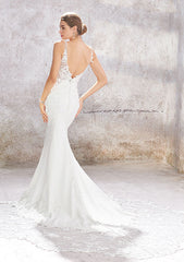 V Neck Sleeveless Chapel Train Stretch Crepe Lace Wedding Dress with Beading, Trumpet/Mermaid