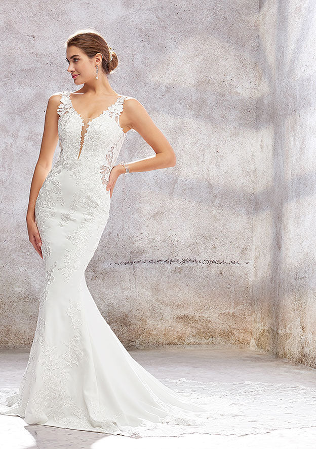 V Neck Sleeveless Chapel Train Stretch Crepe Lace Wedding Dress with Beading, Trumpet/Mermaid
