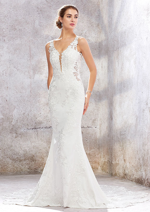 V Neck Sleeveless Chapel Train Stretch Crepe Lace Wedding Dress with Beading, Trumpet/Mermaid