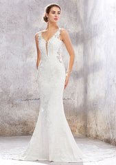 V Neck Sleeveless Chapel Train Stretch Crepe Lace Wedding Dress with Beading, Trumpet/Mermaid