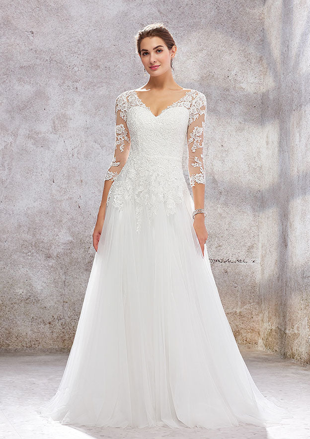 Princess A-Line V-Neck 3/4 Sleeve Sweep Train Tulle Lace Wedding Dress