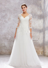 Princess A-Line V-Neck 3/4 Sleeve Sweep Train Tulle Lace Wedding Dress