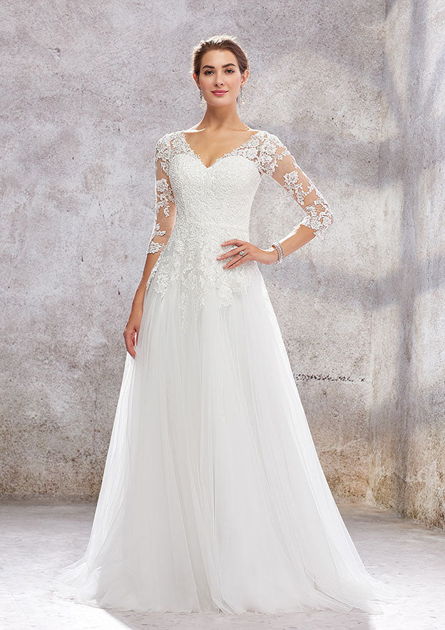 Princess A-Line V-Neck 3/4 Sleeve Sweep Train Tulle Lace Wedding Dress