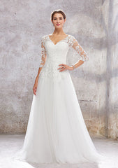 Princess A-Line V-Neck 3/4 Sleeve Sweep Train Tulle Lace Wedding Dress