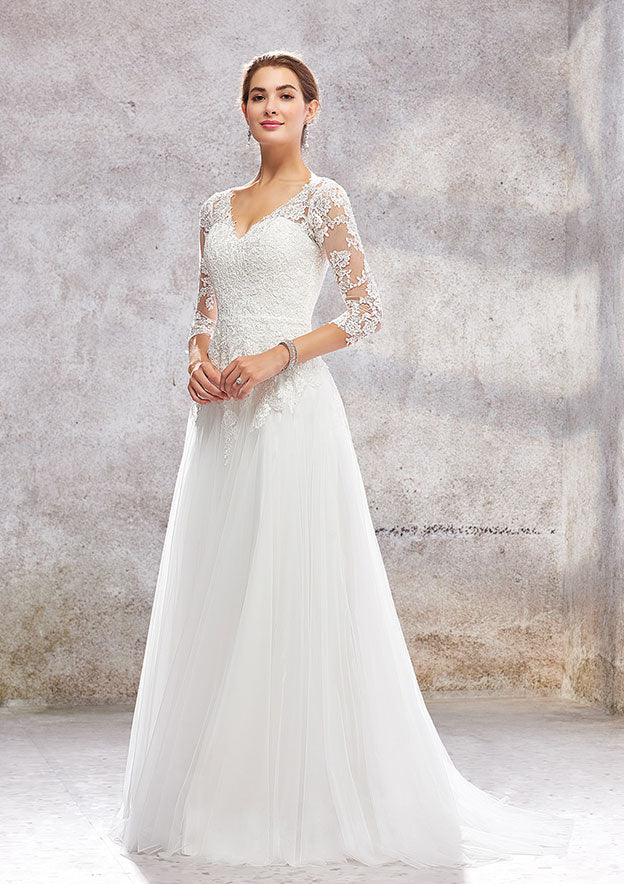 Princess A-Line V-Neck 3/4 Sleeve Sweep Train Tulle Lace Wedding Dress