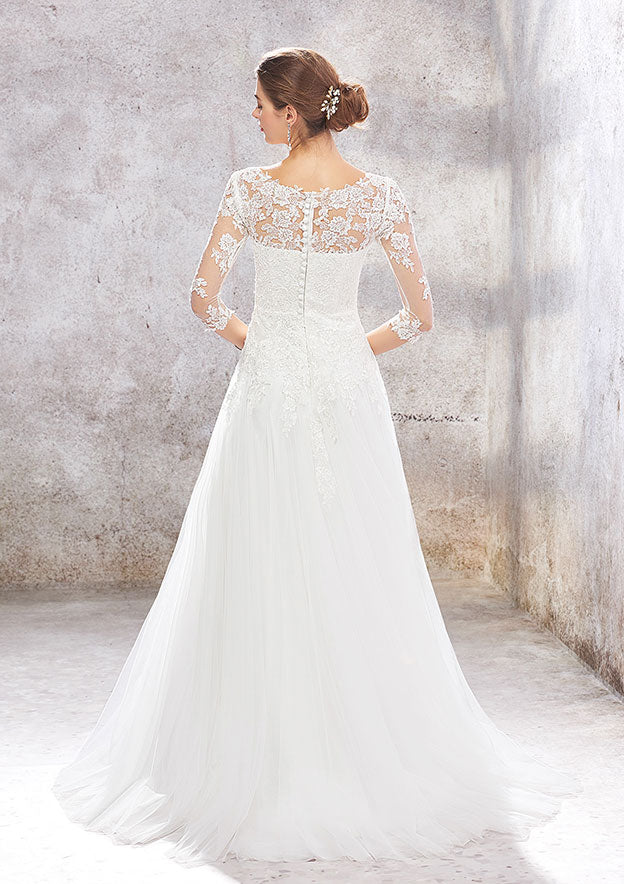 Princess A-Line V-Neck 3/4 Sleeve Sweep Train Tulle Lace Wedding Dress