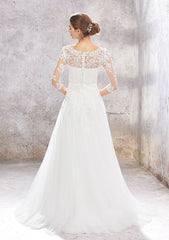 Princess A-Line V-Neck 3/4 Sleeve Sweep Train Tulle Lace Wedding Dress