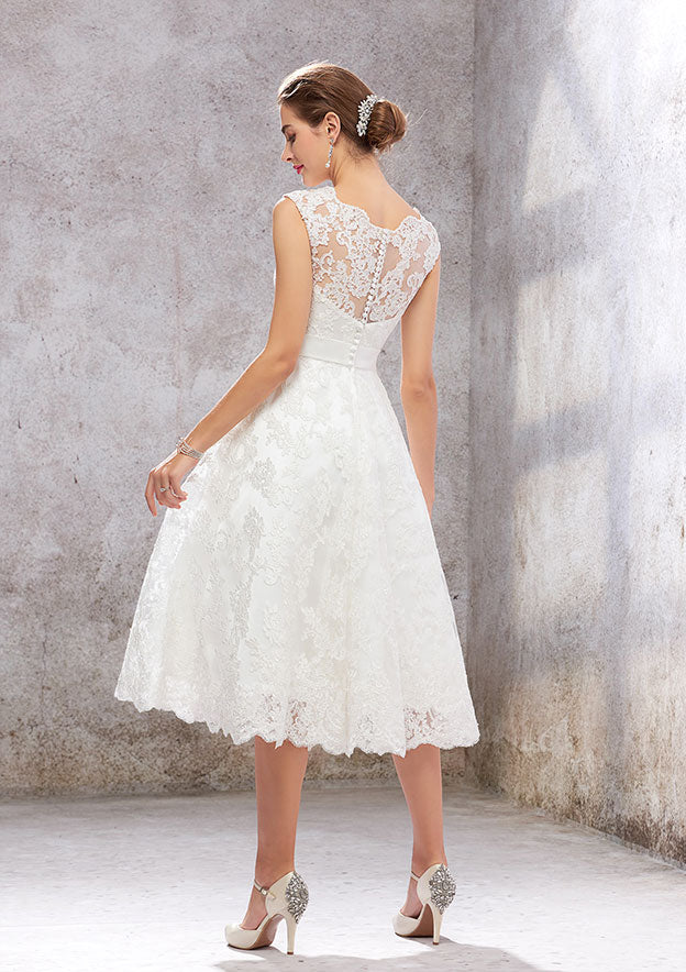 A-Line Scalloped Neck Sleeveless Tea-Length Satin Lace Wedding Dress with Bowknot