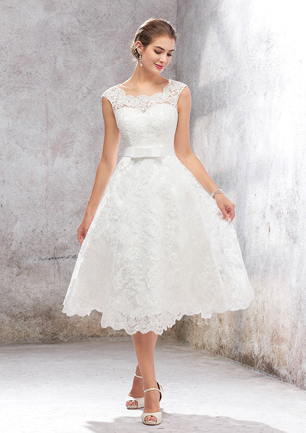 A-Line Scalloped Neck Sleeveless Tea-Length Satin Lace Wedding Dress with Bowknot