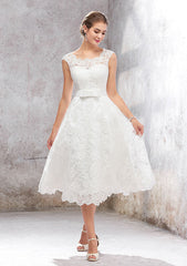 A-Line Scalloped Neck Sleeveless Tea-Length Satin Lace Wedding Dress with Bowknot