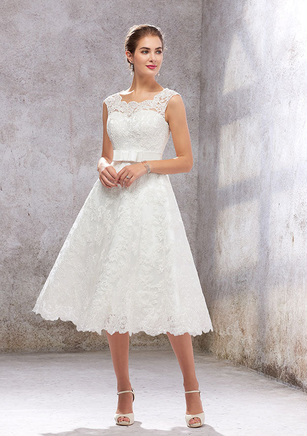 A-Line Scalloped Neck Sleeveless Tea-Length Satin Lace Wedding Dress with Bowknot