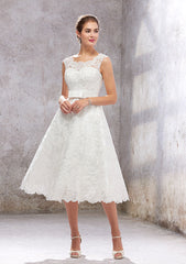 A-Line Scalloped Neck Sleeveless Tea-Length Satin Lace Wedding Dress with Bowknot
