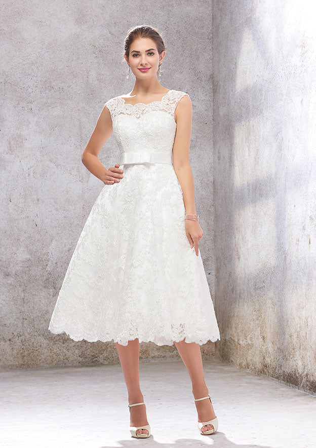 A-Line Scalloped Neck Sleeveless Tea-Length Satin Lace Wedding Dress with Bowknot