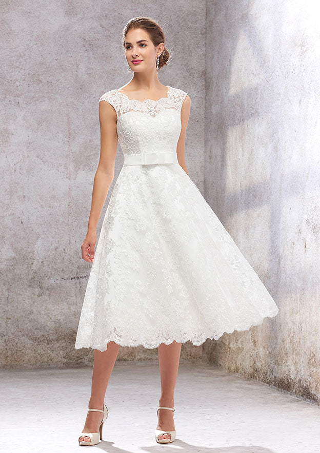 A-Line Scalloped Neck Sleeveless Tea-Length Satin Lace Wedding Dress with Bowknot