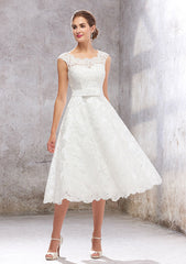 A-Line Scalloped Neck Sleeveless Tea-Length Satin Lace Wedding Dress with Bowknot