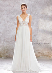 A-Line V-Neck Sleeveless Court Train Lace Chiffon Wedding Dress