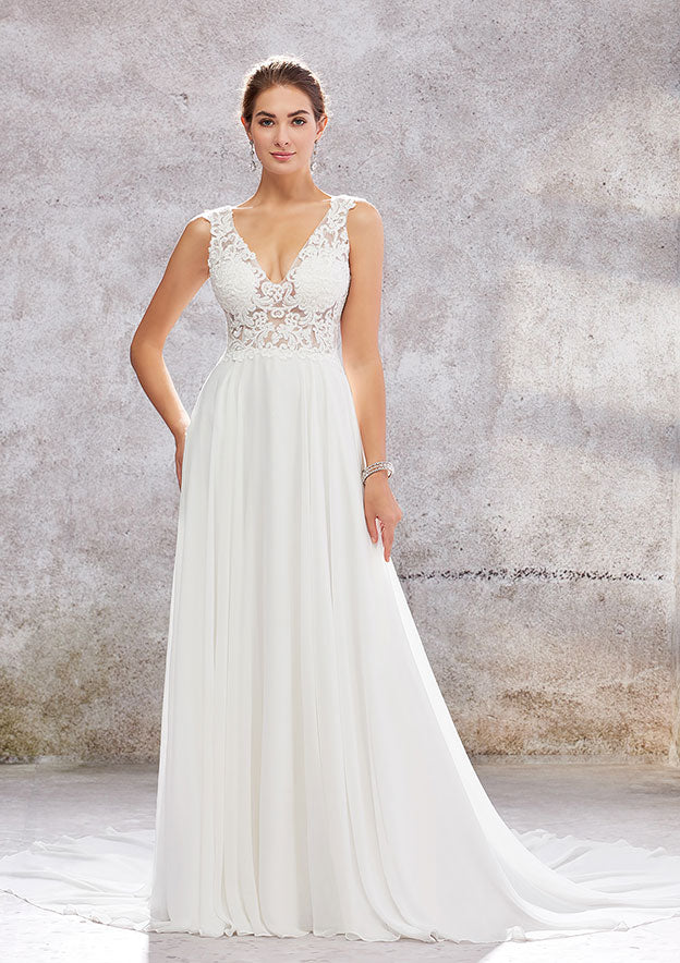A-Line V-Neck Sleeveless Court Train Lace Chiffon Wedding Dress