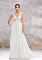 A-Line V-Neck Sleeveless Court Train Lace Chiffon Wedding Dress