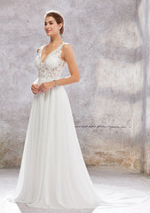 A-Line V-Neck Sleeveless Court Train Lace Chiffon Wedding Dress
