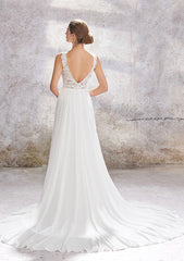 A-Line V-Neck Sleeveless Court Train Lace Chiffon Wedding Dress
