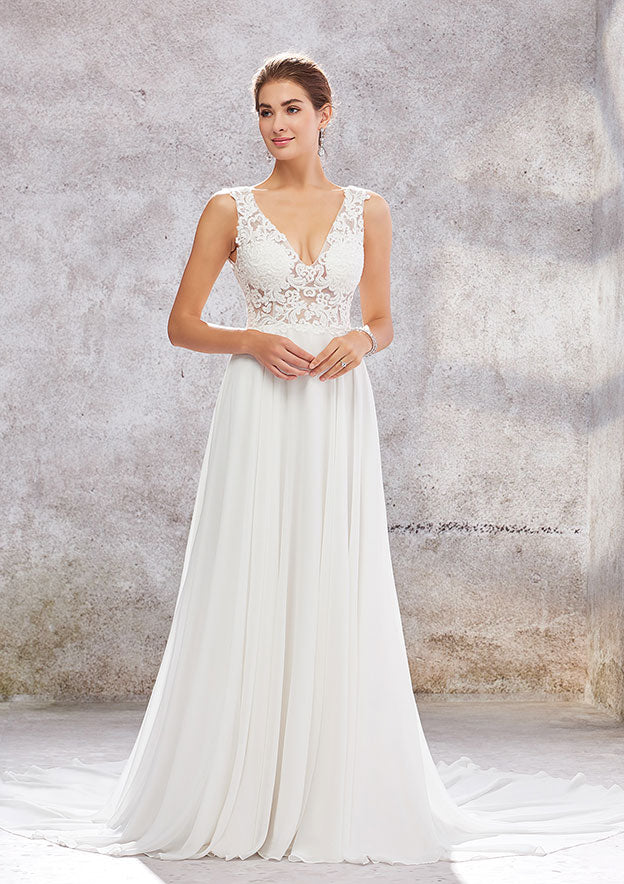 A-Line V-Neck Sleeveless Court Train Lace Chiffon Wedding Dress