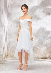 Off-the-Shoulder Sleeveless Asymmetrical Lace Wedding Dress, A-line