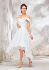 Off-the-Shoulder Sleeveless Asymmetrical Lace Wedding Dress, A-line