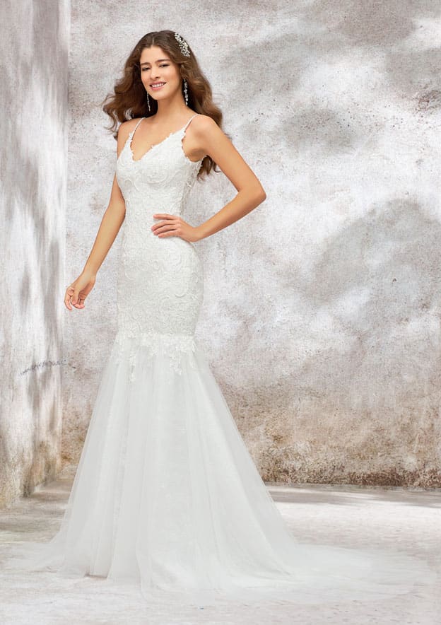 V Neck Sleeveless Chapel Train Tulle Lace Wedding Dress with Appliques Beading, Trumpet/Mermaid
