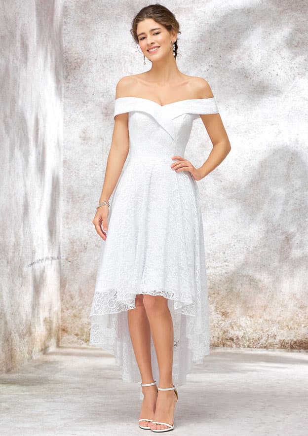 Off-the-Shoulder Sleeveless Asymmetrical Lace Wedding Dress, A-line