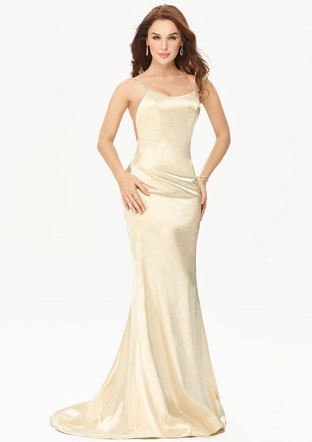 Trumpet/Mermaid Scalloped Neck Sleeveless Charmeuse Sweep Train Prom Dress