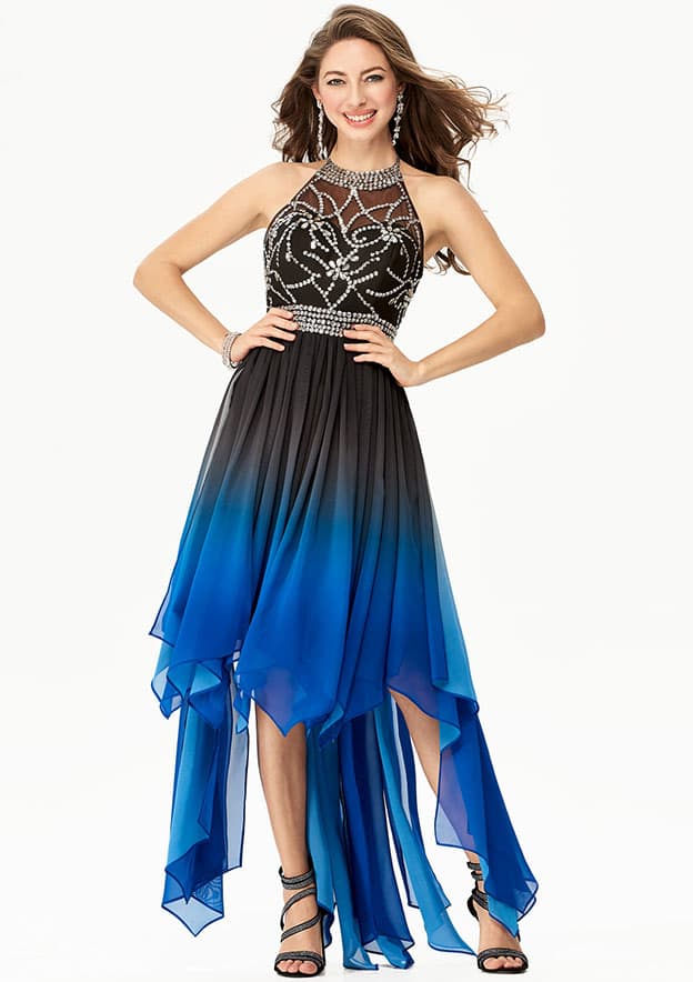 A-line Halter Sleeveless Chiffon Asymmetrical Prom Dress With Beaded Pleats Sequins Rhinestone