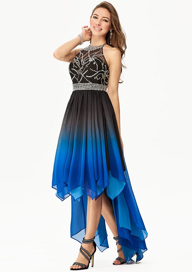 A-line Halter Sleeveless Chiffon Asymmetrical Prom Dress With Beaded Pleats Sequins Rhinestone