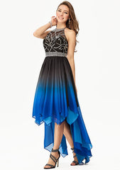 A-line Halter Sleeveless Chiffon Asymmetrical Prom Dress With Beaded Pleats Sequins Rhinestone