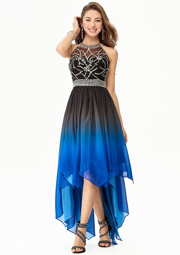 A-line Halter Sleeveless Chiffon Asymmetrical Prom Dress With Beaded Pleats Sequins Rhinestone