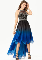 A-line Halter Sleeveless Chiffon Asymmetrical Prom Dress With Beaded Pleats Sequins Rhinestone