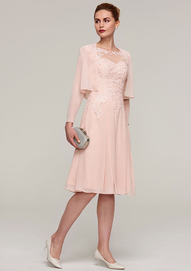 Knee-Length Chiffon Mother of the Bride Dress with Jacket Appliqued Beading, Sleeveless Bateau A-line