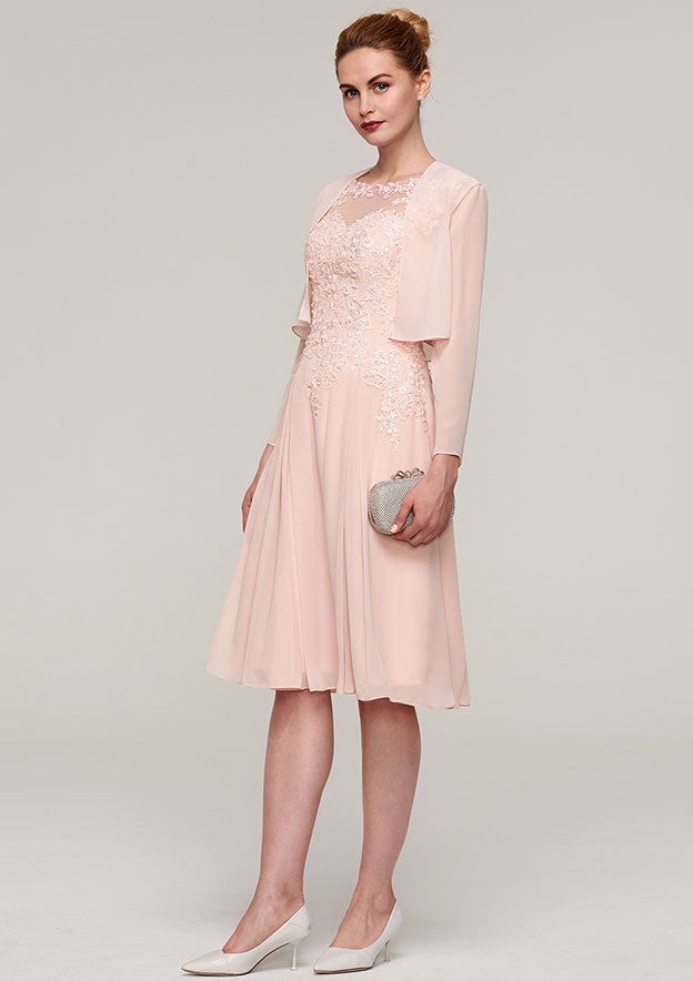 Knee-Length Chiffon Mother of the Bride Dress with Jacket Appliqued Beading, Sleeveless Bateau A-line