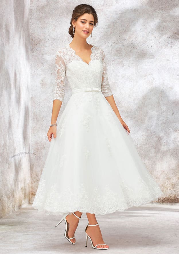 A-Line V-Neck Half Sleeve Tea-Length Tulle Lace Wedding Dress with Bowknot