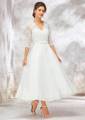 A-Line V-Neck Half Sleeve Tea-Length Tulle Lace Wedding Dress with Bowknot