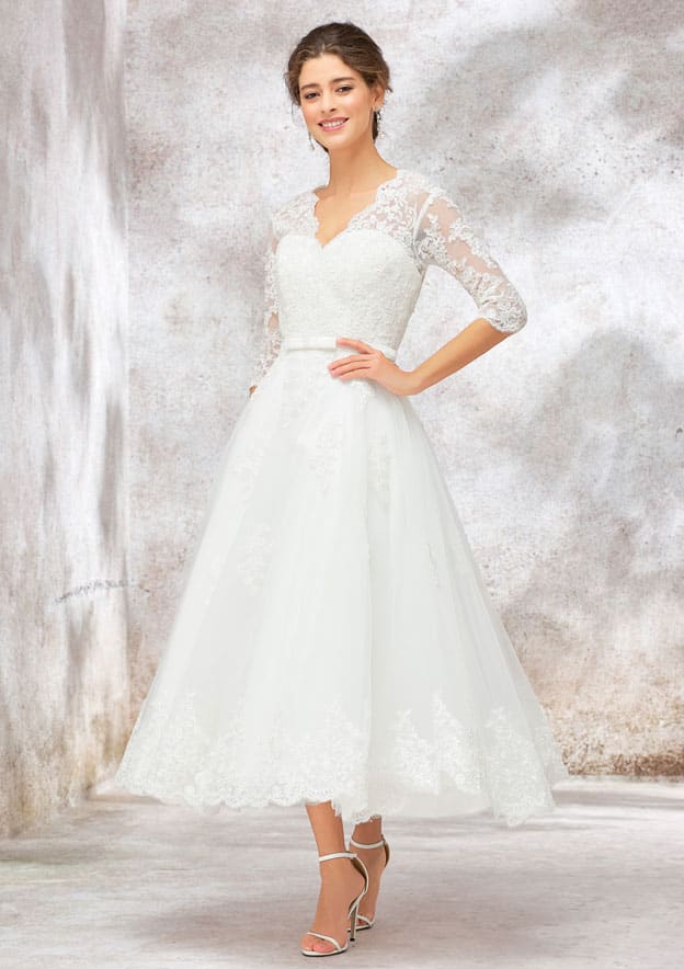A-Line V-Neck Half Sleeve Tea-Length Tulle Lace Wedding Dress with Bowknot