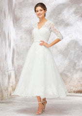 A-Line V-Neck Half Sleeve Tea-Length Tulle Lace Wedding Dress with Bowknot