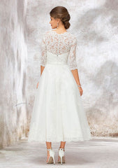 A-Line V-Neck Half Sleeve Tea-Length Tulle Lace Wedding Dress with Bowknot