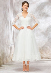 A-Line V-Neck Half Sleeve Tea-Length Tulle Lace Wedding Dress with Bowknot