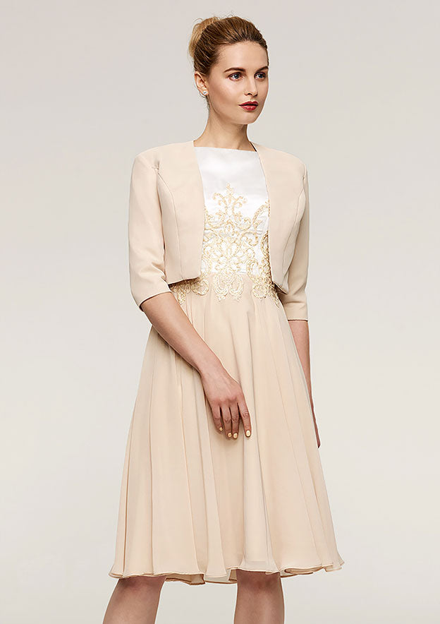 Knee-Length Chiffon Mother of the Bride Dress with Appliqued Jacket, Sleeveless Bateau A-line