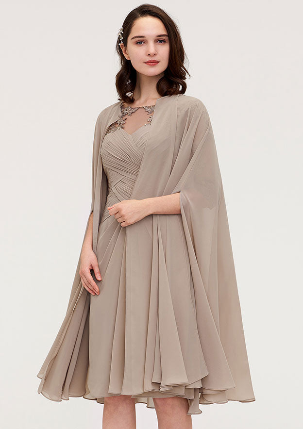Knee-Length Chiffon Mother of the Bride Dress with Jacket Appliqued Pleated, Half Sleeve Bateau Sheath/Column