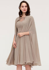Knee-Length Chiffon Mother of the Bride Dress with Jacket Appliqued Pleated, Half Sleeve Bateau Sheath/Column