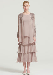 Tea-Length Chiffon Mother of the Bride Dress with Jacket Ruffles Appliqued, Sleeveless Scoop Neck A-line