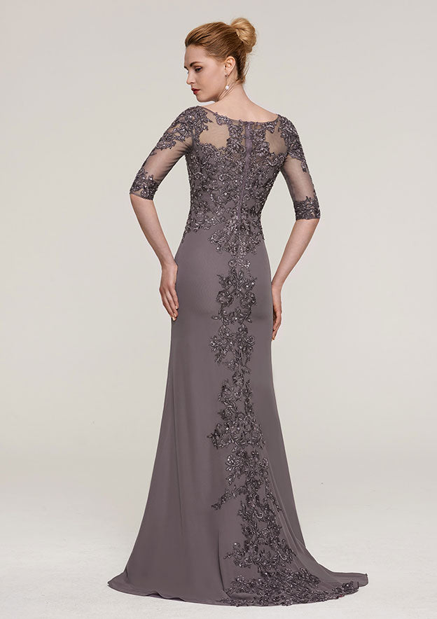 Sweep Train Chiffon Mother of the Bride Dresses with Appliqued Beading, Half Sleeve V Neck Sheath/Column
