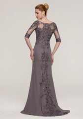 Sweep Train Chiffon Mother of the Bride Dresses with Appliqued Beading, Half Sleeve V Neck Sheath/Column