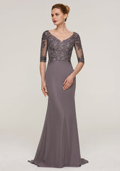 Sweep Train Chiffon Mother of the Bride Dresses with Appliqued Beading, Half Sleeve V Neck Sheath/Column